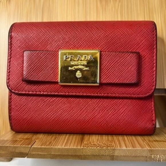 Authentic PRADA Saffiano Lux Leather Tri-Fold Wallet Red with Bow - Picture 1 of 11